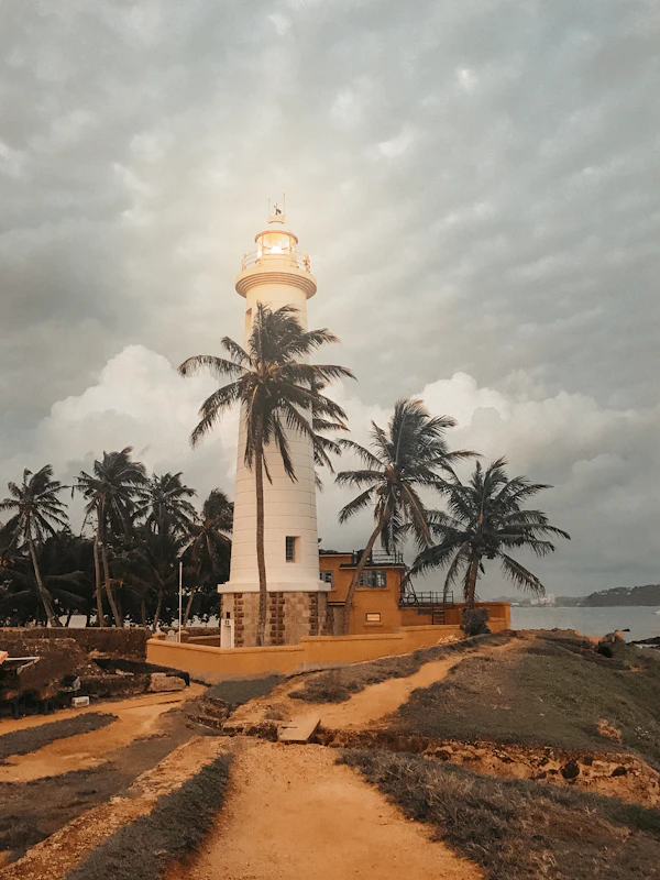 The lighthouse at Galle Fort framed by palm trees under a cloudy sky