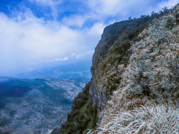 A sheer, grassy cliff edge dropping into a misty valley far below
