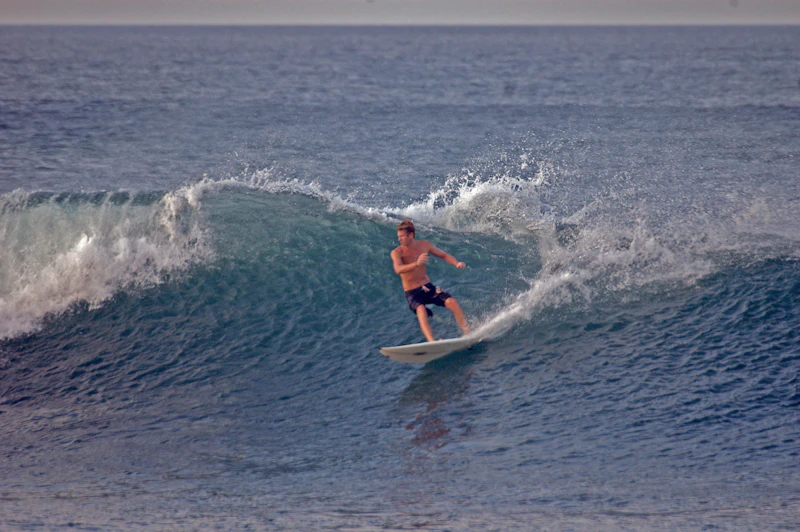 A surfer carving along the face of a breaking wave