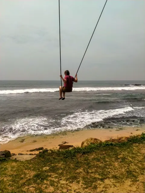 A person on a tall rope swing above the beach, with waves rolling in behind