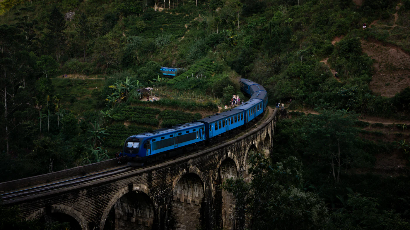 A blue train crossing a stone arch bridge through dense forest, seen from above