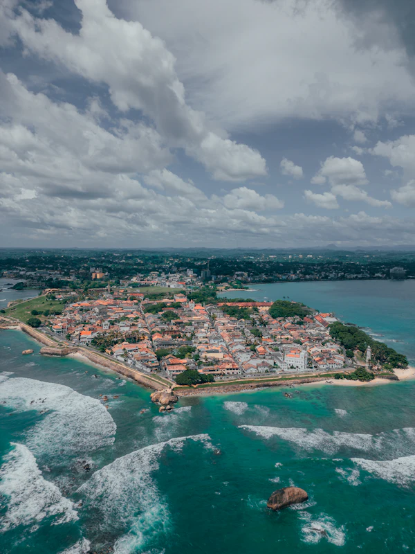 Aerial view of Galle Fort on its headland, surrounded by turquoise sea