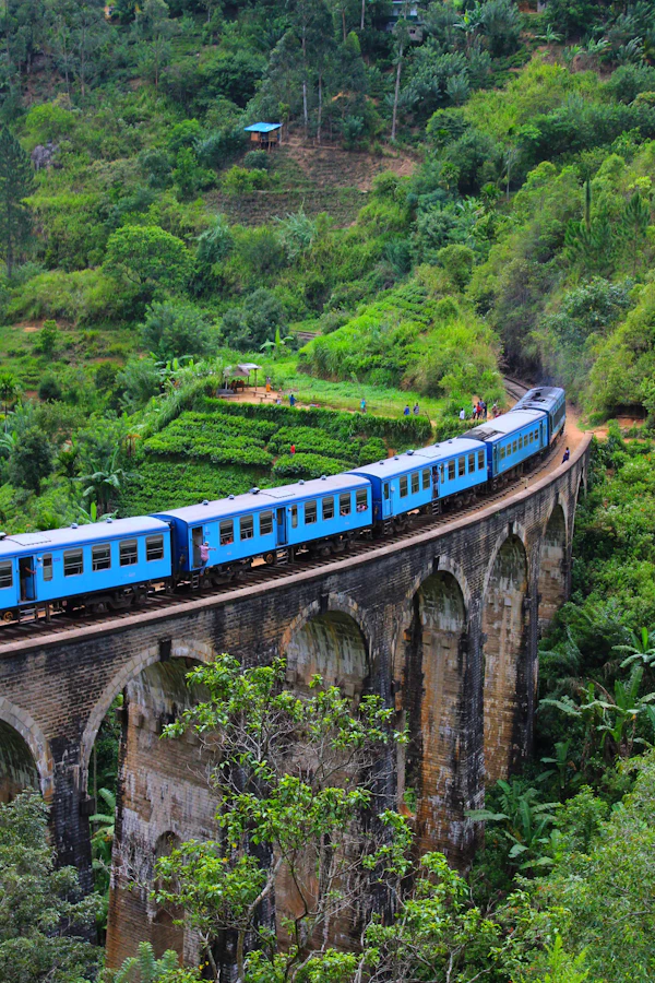A blue train crossing the Nine Arch Bridge near Ella, surrounded by green hills